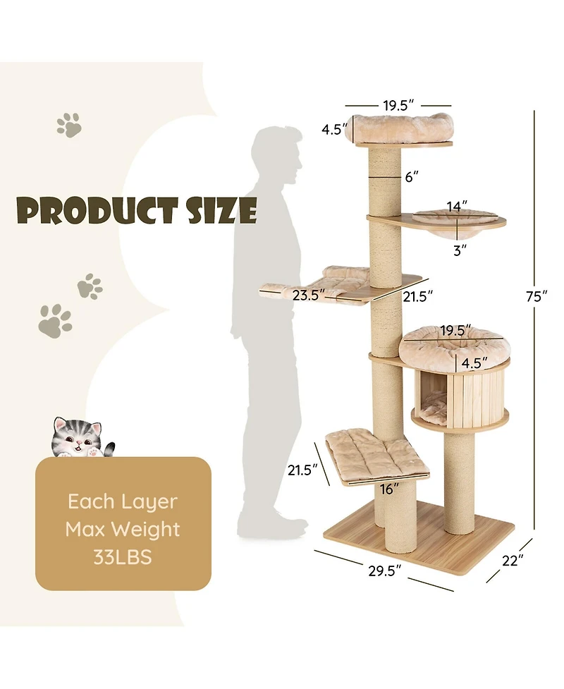 Gymax 75'' Modern Cat Tree Multi-Level Large Cat Tower w/ Hammocks