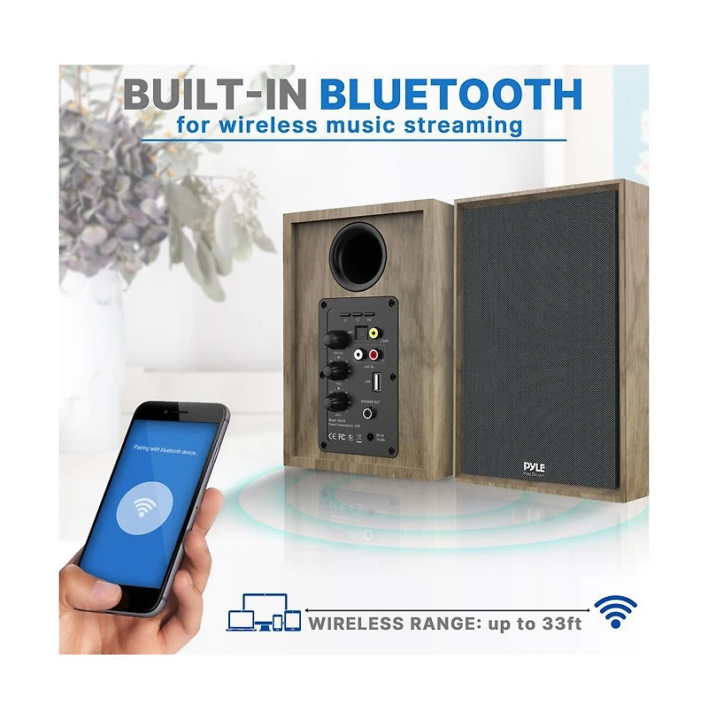 Pyle Hi-Fi Home Bookshelf Monitor Speakers, Bluetooth Desktop Studio System with Remote Control, 60W Max