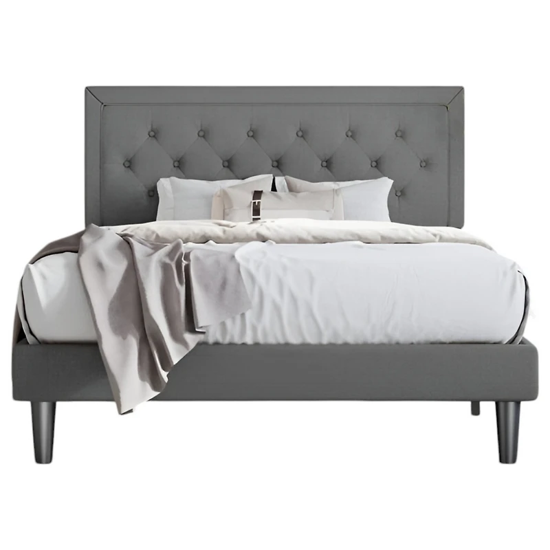 Linen Upholstered Platform Bed with Button-Tufted Headboard – Modern Bed Frame with Wood Slats, No Box Spring Needed