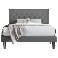 Linen Upholstered Platform Bed with Button-Tufted Headboard – Modern Bed Frame with Wood Slats, No Box Spring Needed