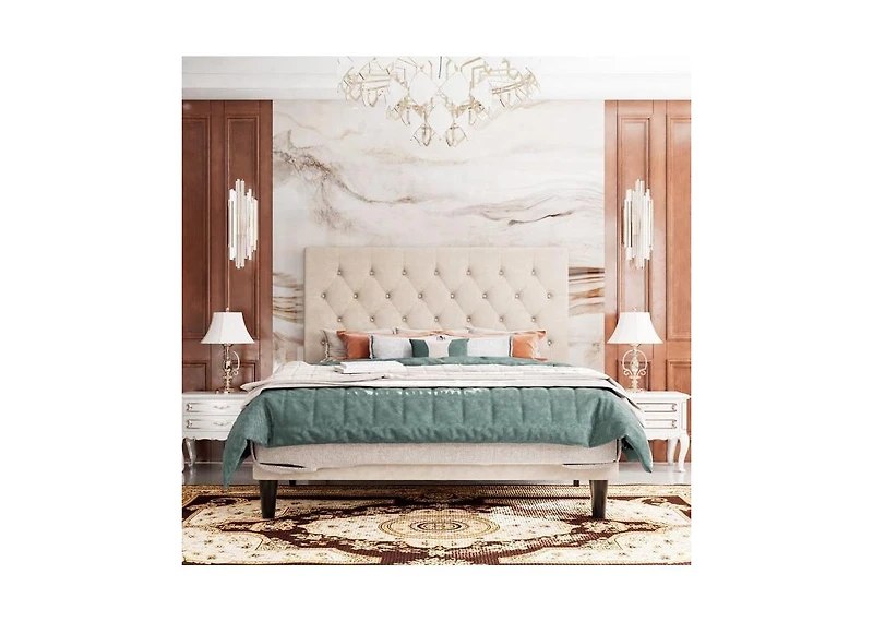 Linen Upholstered Platform Bed with Button-Tufted Headboard – Modern Bed Frame with Wood Slats, No Box Spring Needed