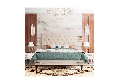 Linen Upholstered Platform Bed with Button-Tufted Headboard – Modern Bed Frame with Wood Slats, No Box Spring Needed