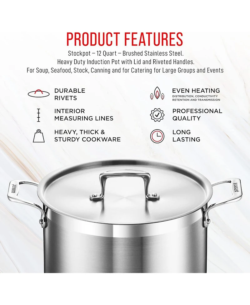 Bakken-Swiss 12-Quart Brushed Stainless Steel Stockpot with Lid – Heavy-Duty Induction Pot with Riveted Handles – Ideal for Soup, Seafoo