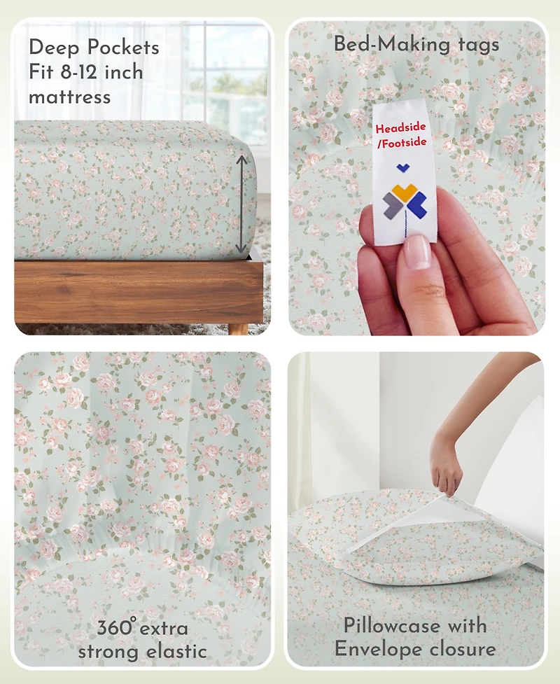 Floral Sheet Set Twin Xl, Soft 100% Cotton Sheets, Sateen, 3 Pc Deep Pocket Bedding Sheets & Pillowcase Set - Chic Floral