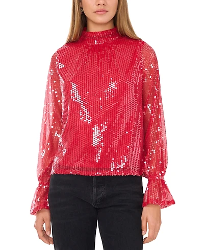 1.state Women's Sequin Draped-Back Mock-Neck Top