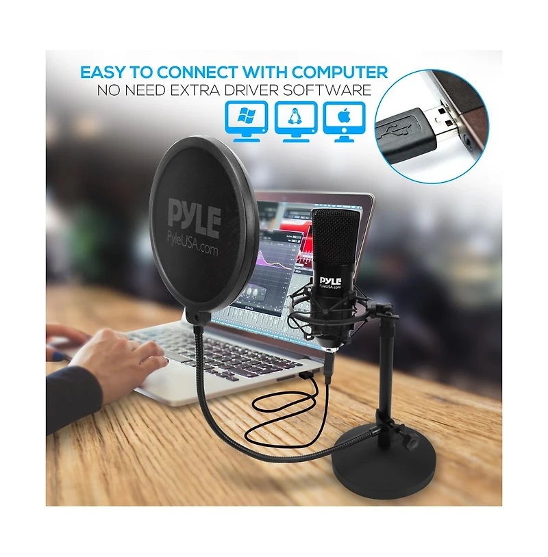 Pyle Usb Podcast Microphone Kit with Shock Mount, Pop Filter, Stand & White Aluminum Case