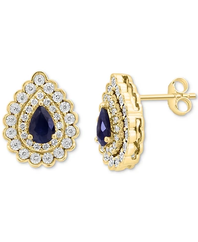 Effy Sapphire (7/8 ct. t.w.) & Diamond (3/8 ct. t.w.) Double Halo Pear Stud Earrings in 14k Two Tone Gold
