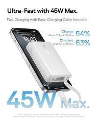 Baseus Power Bank, Picogo 10000mAh 45W 3-Output Portable Charger with Built-in Usb-c Cable, White