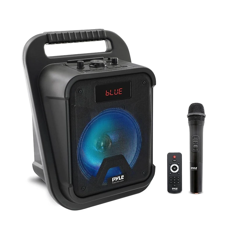 Pyle Portable Pa Speaker System with Led Lights, Wireless Microphone, Bluetooth, Fm Radio & Rechargeable Battery