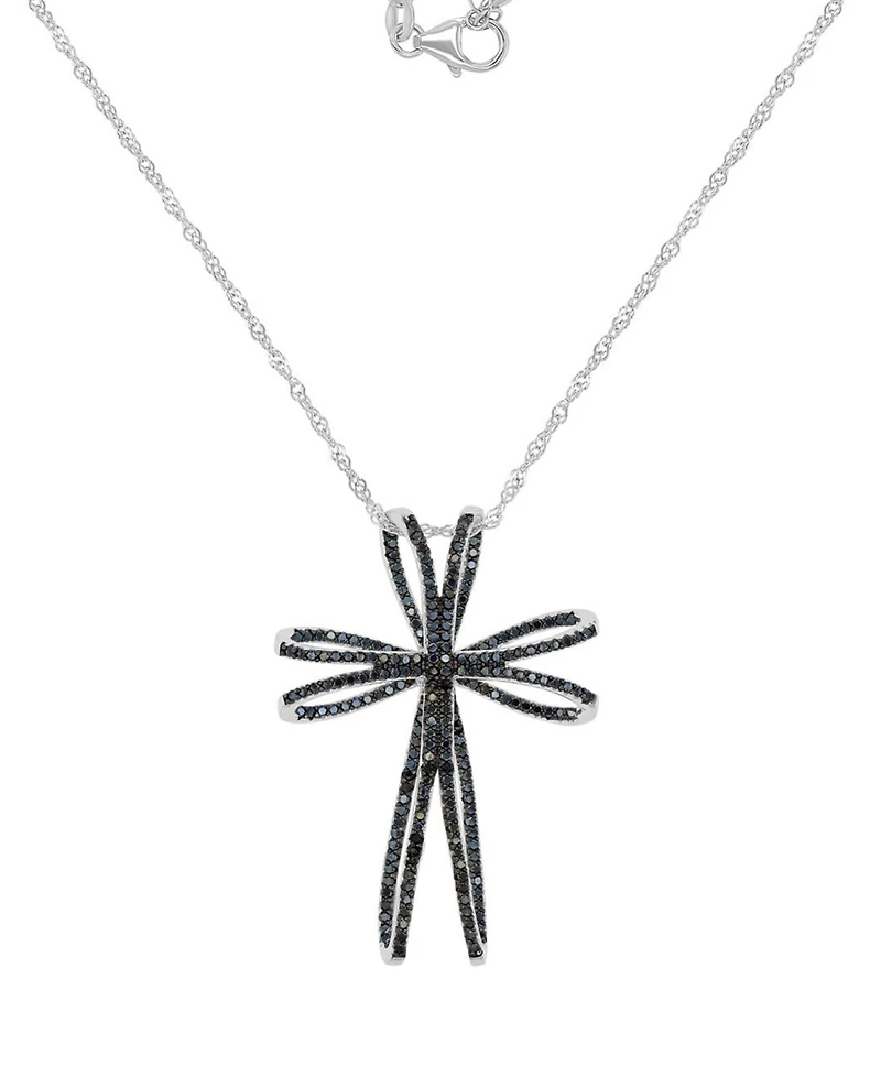 Macy's Black Spinel Double Openwork Cross Pendant Necklace in Sterling Silver