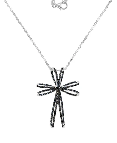 Macy's Black Spinel Double Openwork Cross Pendant Necklace in Sterling Silver