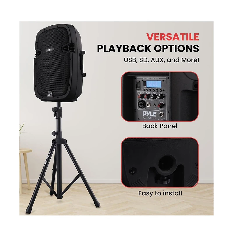 Pyle 10" Active + Passive Pa Speaker System Kit with Bluetooth, Usb/Sd/MP3 Playback, Includes (2) Speaker Stands, Wired Microphone & Remote Control