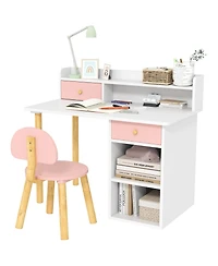 Qaba Kids Desk and Chair Set w/ Storage, for Girls Boys 3-8 Years,