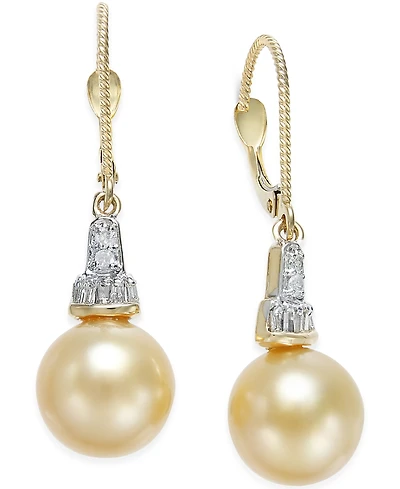 Cultured Golden South Sea Pearl (10mm) and Diamond (1/4 ct. t.w.) Drop Earrings in 14k Gold