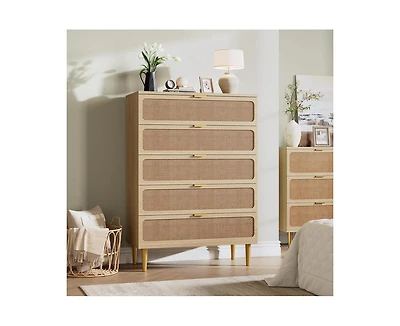 Rattan 5 Drawer Dresser for Bedroom, Tall Dresser with Deep Drawers, Large Chest of Drawers for Closet with Wide Top