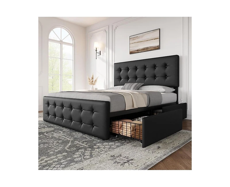 gaomon Queen Size Bed Frame with 4 Storage Drawers and Headboard, Faux Leather Upholstered Platform Bed Frame with Wooden Slats Support