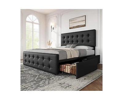 gaomon Queen Size Bed Frame with 4 Storage Drawers and Headboard, Faux Leather Upholstered Platform Bed Frame with Wooden Slats Support