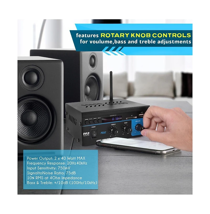 Pyle Compact Bluetooth Stereo Power Amplifier, 2 x 40W