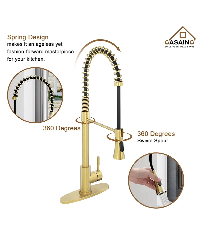 Casainc Spring Pull Down Sprayer Kitchen Faucet with Dual-Function Spray Head and Deck Plate