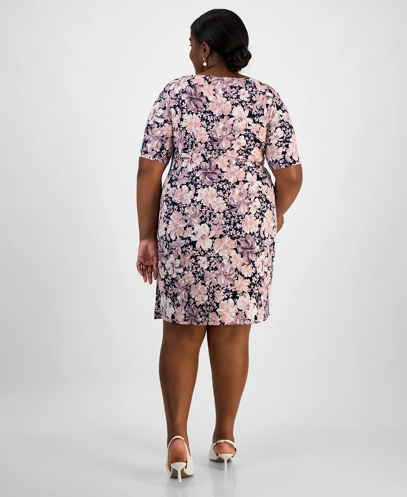 Connected Plus Size Floral-Print Gathered-Waist Dress