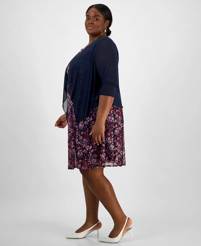 Connected Plus Size Open-Font Jacket & Printed Dress