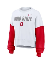 Nike Women's White Ohio State Buckeyes Color-Block Oversized Cropped Pullover Sweatshirt