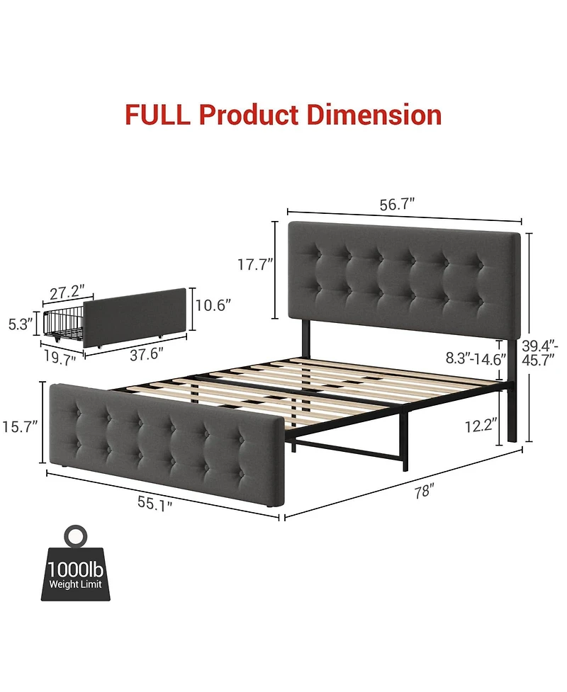 gaomon Full Size Bed Frame - 4 Storage Drawers, Adjustable Linen Headboard