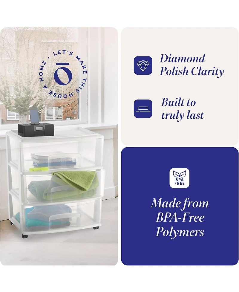 Homz Plastic 3 Clear Drawer Small Rolling Storage Container Tower