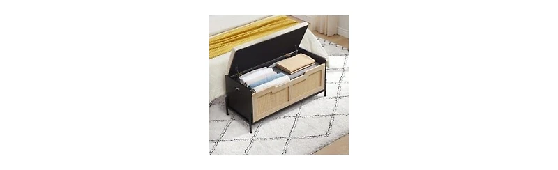 gaomon Rattan Storage Bench with 2 Safety Hinges, Storage Chest, Toy Box, Entryway Storage Bench Supports 260 lb, Toy Chest Organizer, Easy Assembly
