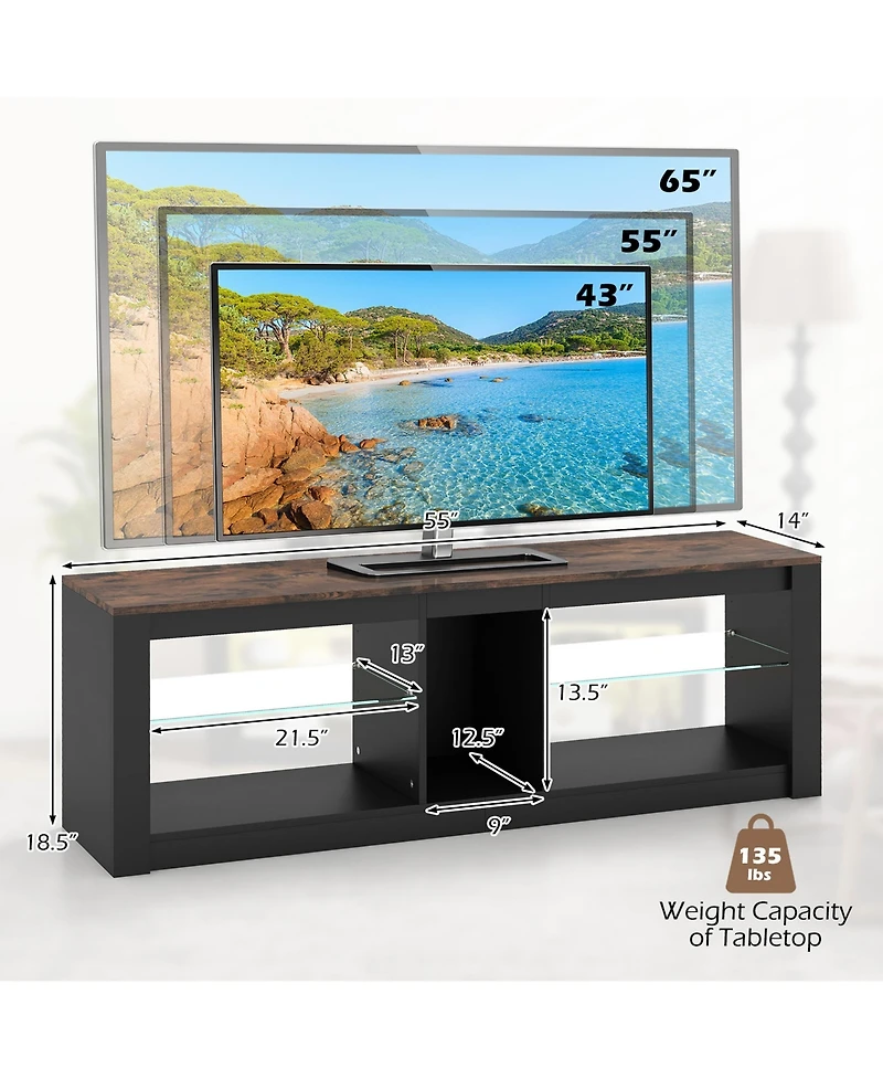 Gymax Tv Stand w/ Led Light for TVs up to 65 inch w/ Adjustable Tempered Glass Shelves