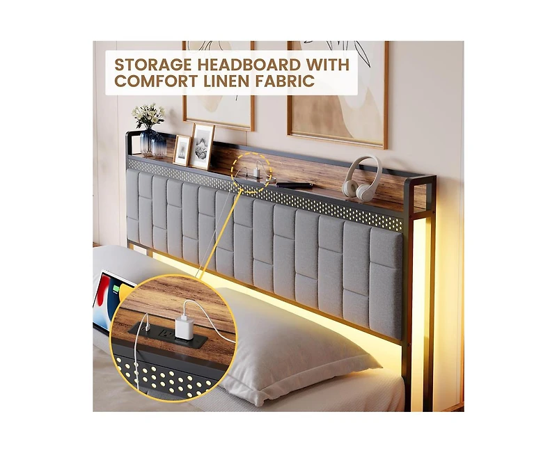 gaomon Queen Bed Frame with Charging Station, Led Bed Frame with Storage Headboard, Upholstered Platform Bed Frame Queen Size, No Box Spring Needed, E
