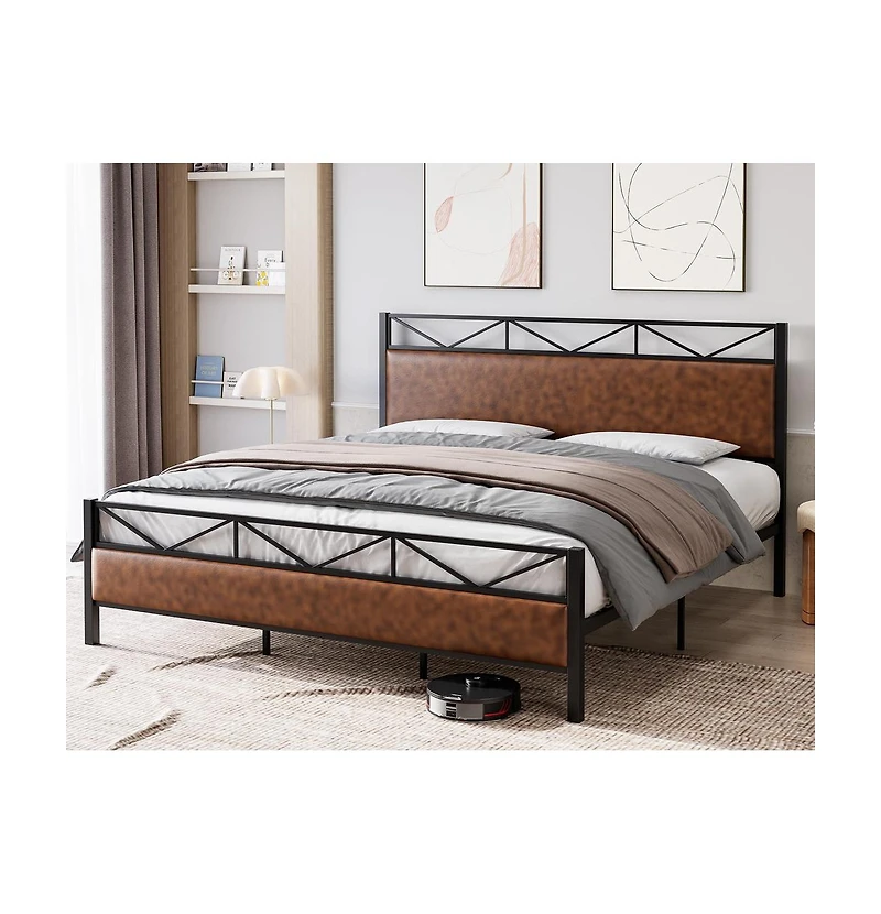 gaomon King Bed Frame, Metal Platform Bed Frame with Rustic Vintage Soft-breaded Headboard and Footboard, Noise Free, No Box Spring Needed, Easy Assem
