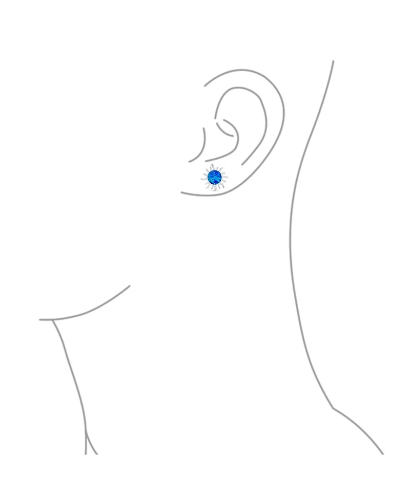 Bling Jewelry Iridescent Celestial Summer Vacation Sun Beach Fun Created Synthetic Blue Mexican Opal Sunburst Stud Earrings .925 Sterling Silver