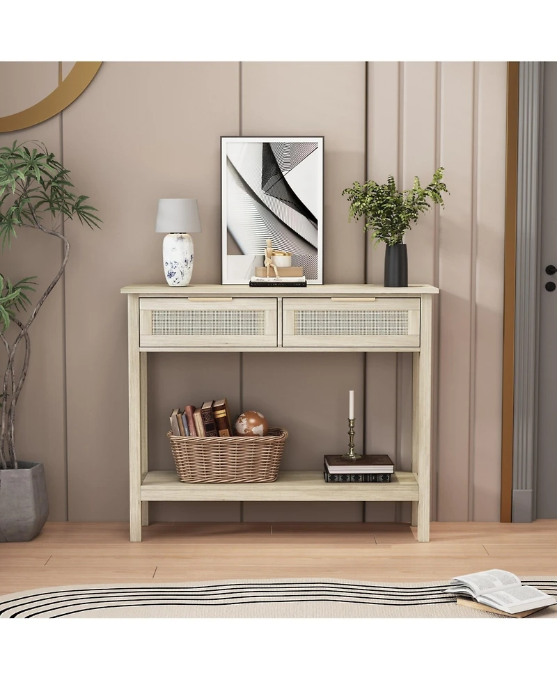 Boho Style Console Table with 2 Rattan Drawer and Bottom Storage Shelf for Entryway, Minimalist Side Table with Rattan Storage Drawer and Shelf for Li