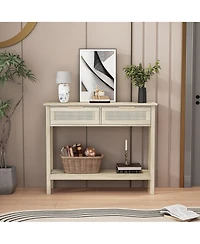 Boho Style Console Table with 2 Rattan Drawer and Bottom Storage Shelf for Entryway, Minimalist Side Table with Rattan Storage Drawer and Shelf for Li