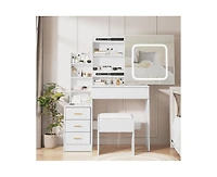 gaomon Vanity Desk with Sliding Mirror and Led Lights, Vanity Table with Power Outlet, Bedroom Makeup Table with 4 Drawers, 3 Color Lighting Modes
