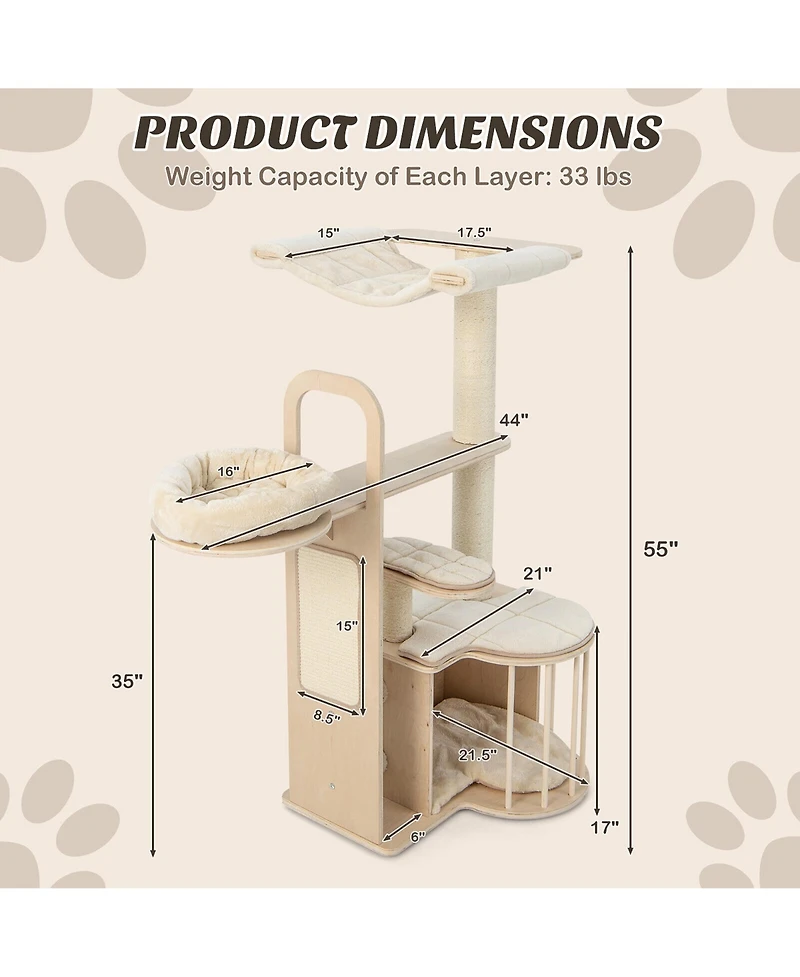 Gymax 55'' Tall Cat Tree Tower Multi-Layer Wooden Activity Center w/ Rest Condo & Hammock
