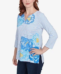 Ruby Rd. Petite Floral Embroidered Script Stripe Three Quarter Sleeve T-Shirt