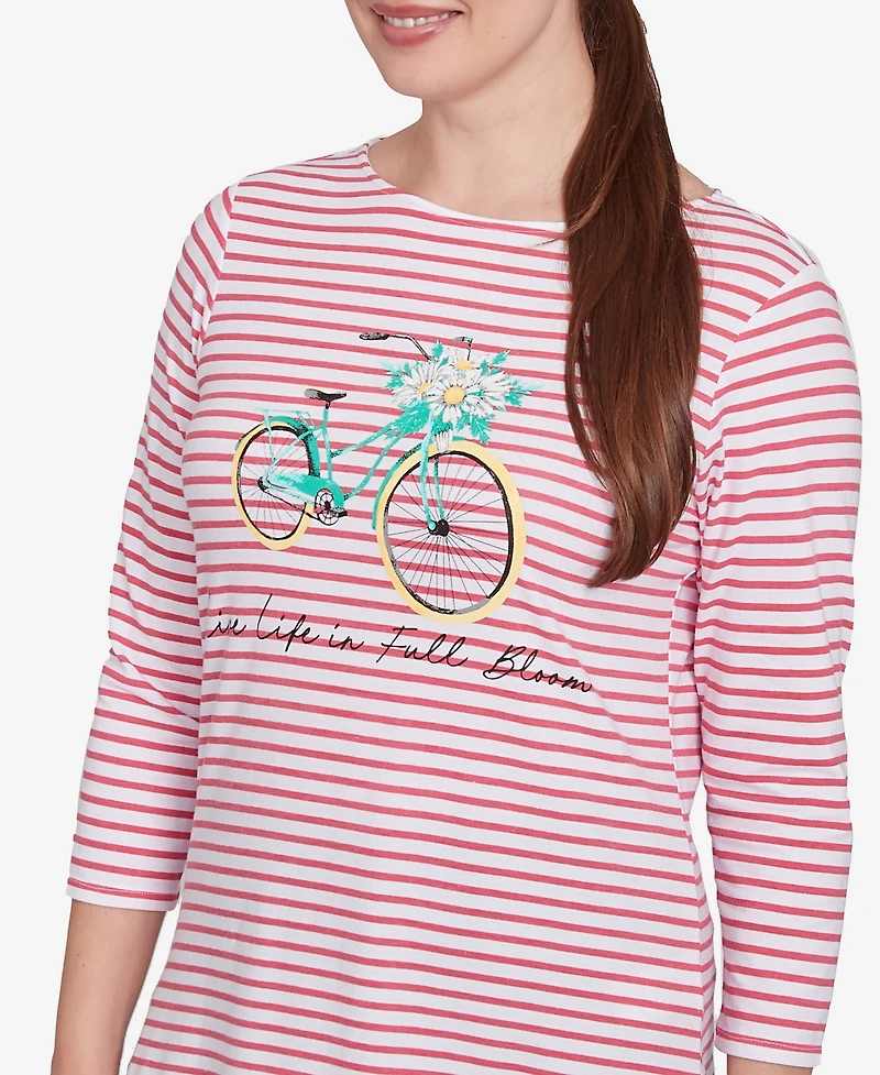 Ruby Rd. Petite Bicycle Bloom Striped Three Quarter Sleeve T-Shirt