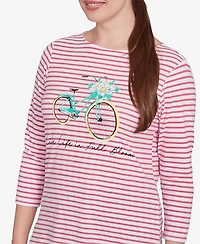 Ruby Rd. Petite Bicycle Bloom Striped Three Quarter Sleeve T-Shirt