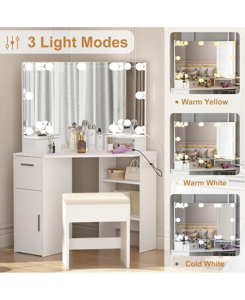 gaomon White Corner Vanity Set, Small Makeup Table with Upholstered Stool