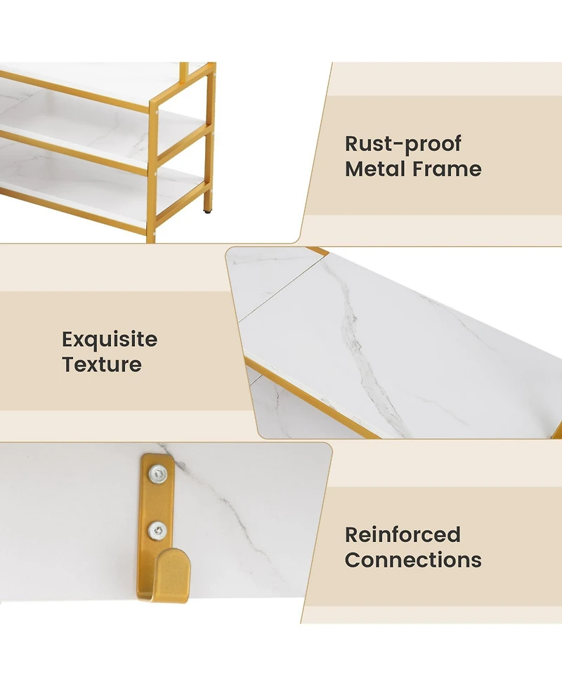 Gouun Corner Garment Rack with Open Shelves and 7 Hooks Shoe Bench