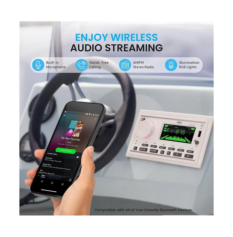 Pyle Marine Bluetooth Stereo Receiver with 1 Pair of PLMR60W Speakers, 300W