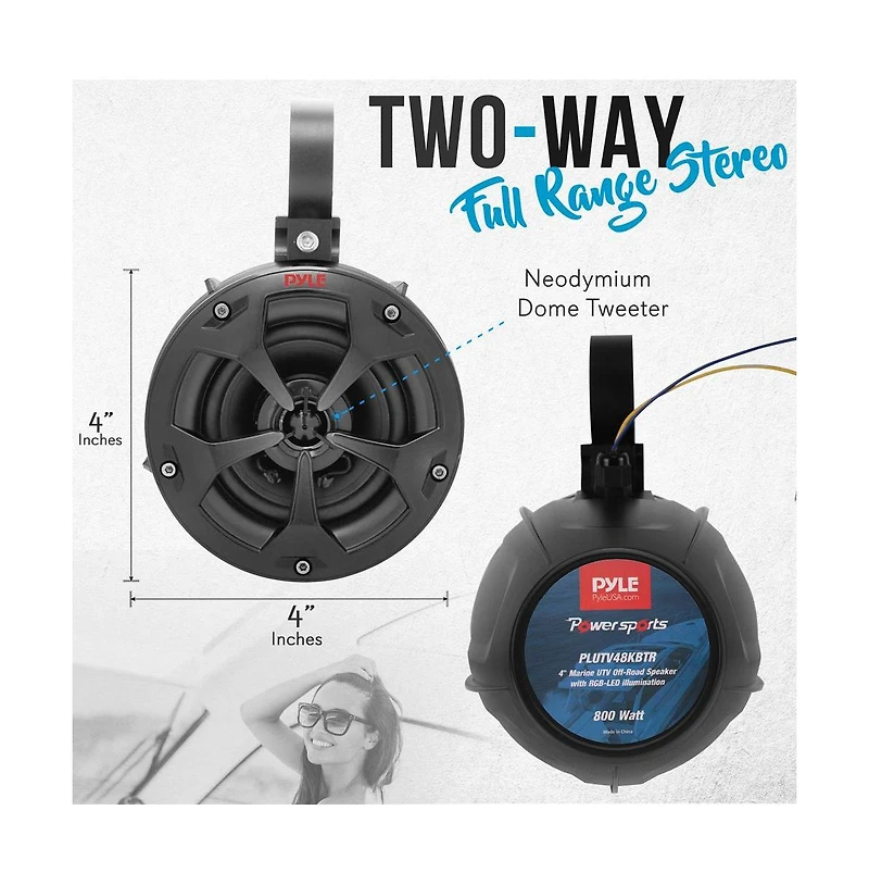 Pyle 4 Waterproof Off-Road Rgb Speakers with Amplified Bluetooth Receiver, 800W