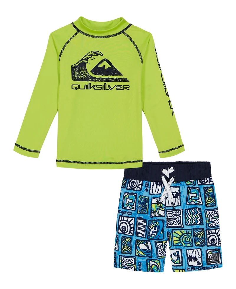 Quiksilver Little and Toddler Boys Long Sleeve Rashguard Printed Boardshorts, 2 Piece Set