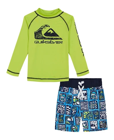 Quiksilver Little and Toddler Boys Long Sleeve Rashguard Printed Boardshorts, 2 Piece Set