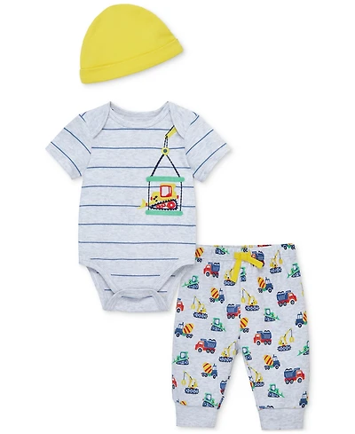 Little Me Baby Boys Construction Cotton Bodysuit, Hat & Pants, 3 Piece Set