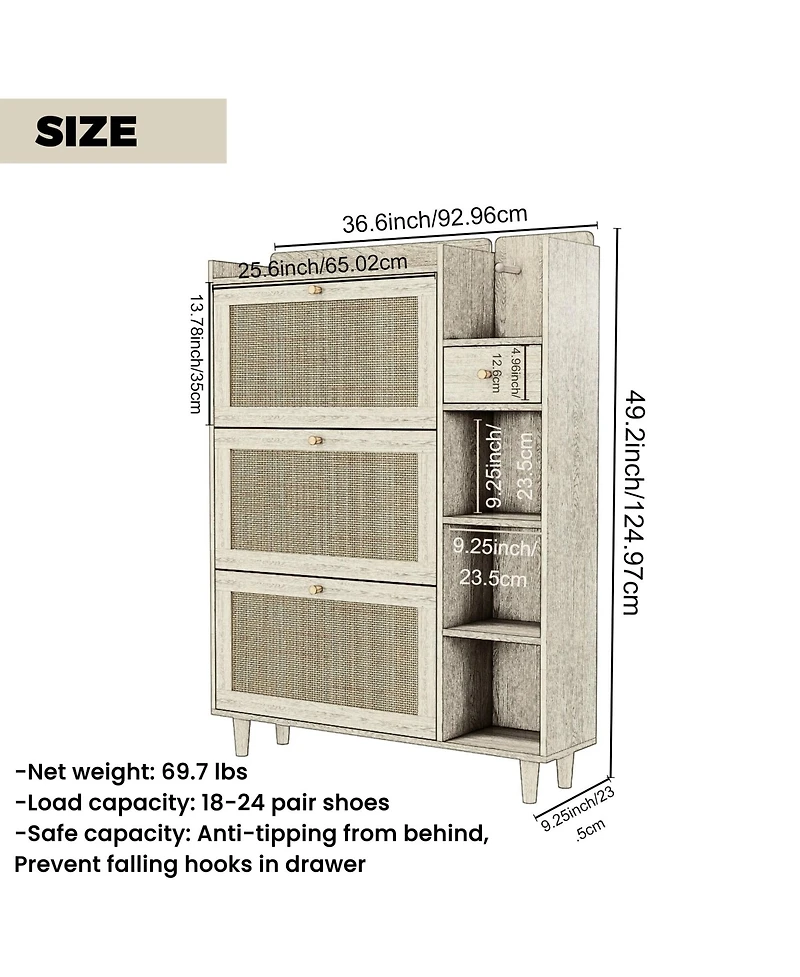 Natural Bohemia Style Shoe Cabinet, Shoe Rack Cabinet with 3 Rattan Flip Drawers,3 Square Shelves and 1 Storage Drawer, Shoe Organizer with Mulit Stor