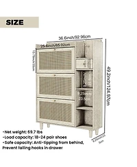 Natural Bohemia Style Shoe Cabinet, Shoe Rack Cabinet with 3 Rattan Flip Drawers,3 Square Shelves and 1 Storage Drawer, Shoe Organizer with Mulit Stor