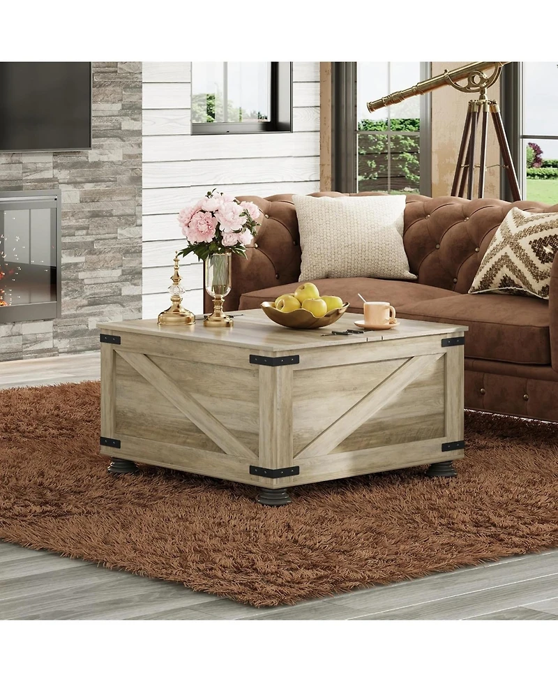 Wlive Farmhouse Coffee Table,Square Wood Coffee Table with Storage,Center Table for Living Room,Home Office,Grey Oak